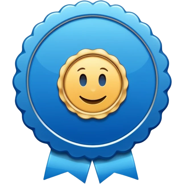 A blue scalloped circle with a verified thing emoji