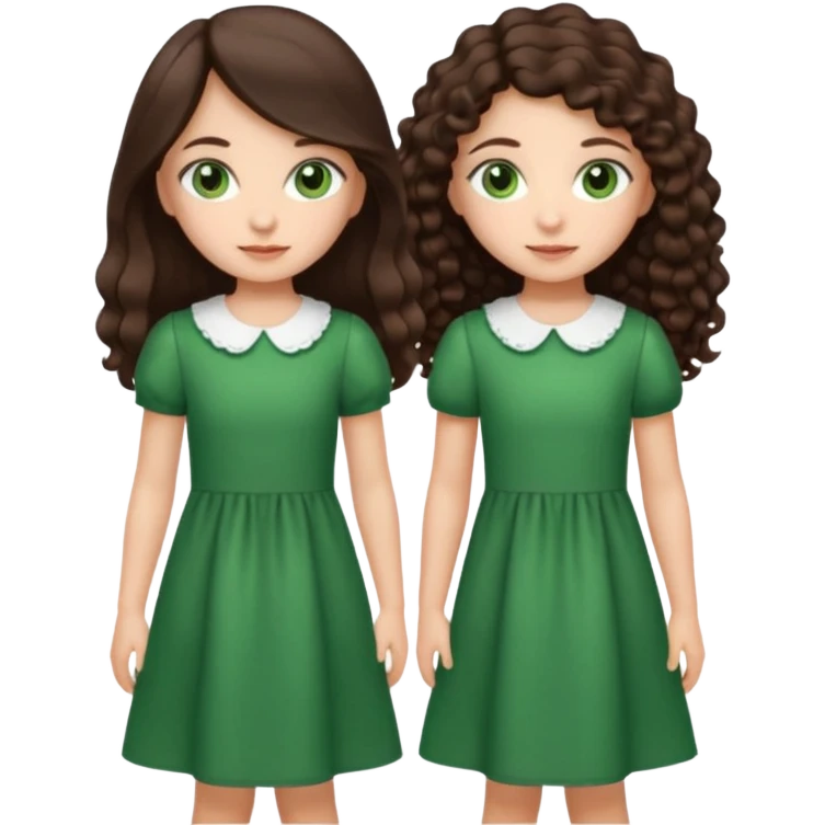 Two moppet girls, 1: long ironed straight darkbrown hair, green eyes, 2: long curly darkbrown hair, brown eyes emoji