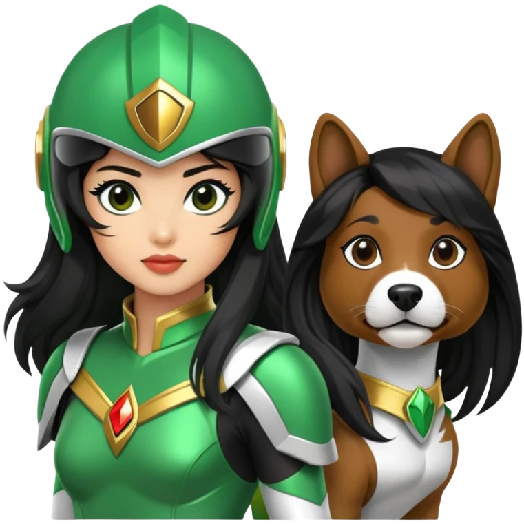 female green power ranger with wasian features, long black hair flowing from helmet, cockapoo dog at her side emoji