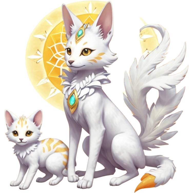Epic complex fantasy glorious detailed futuristic divine godly angelic feathery sunny, white, albino, pastel, golden, orange glowing sparkly, realistic Fakémon-Sprigatito-Floragato-Meowscarada-Trico-Sergal-Serval-Solgaleo-Vernid-creature (full body) solarpunk, shiny sparkly, iridescent emoji