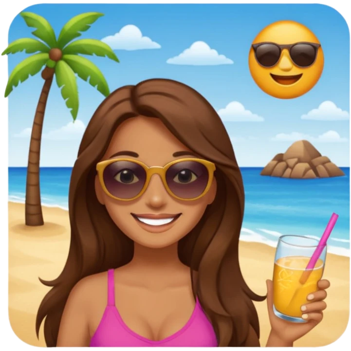 woman with long brown hair happy on vacation emoji