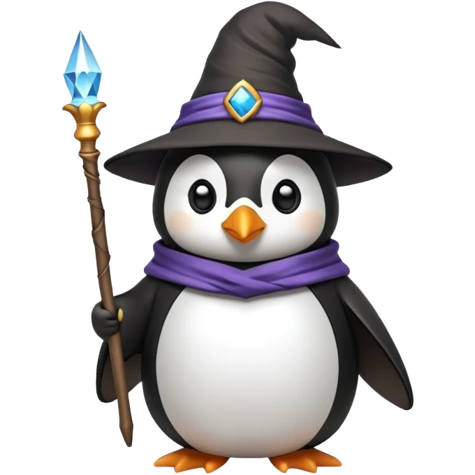 penguin wearing a wizard hat and robe, holding a magic wand emoji