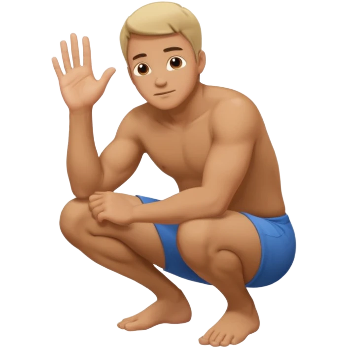 A man squatting down and holdig his hand flat a bit above the ground emoji