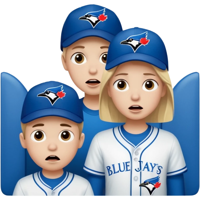 two children, one tall girl and one little boy watching blue jays game, with look of horror on their face emoji
