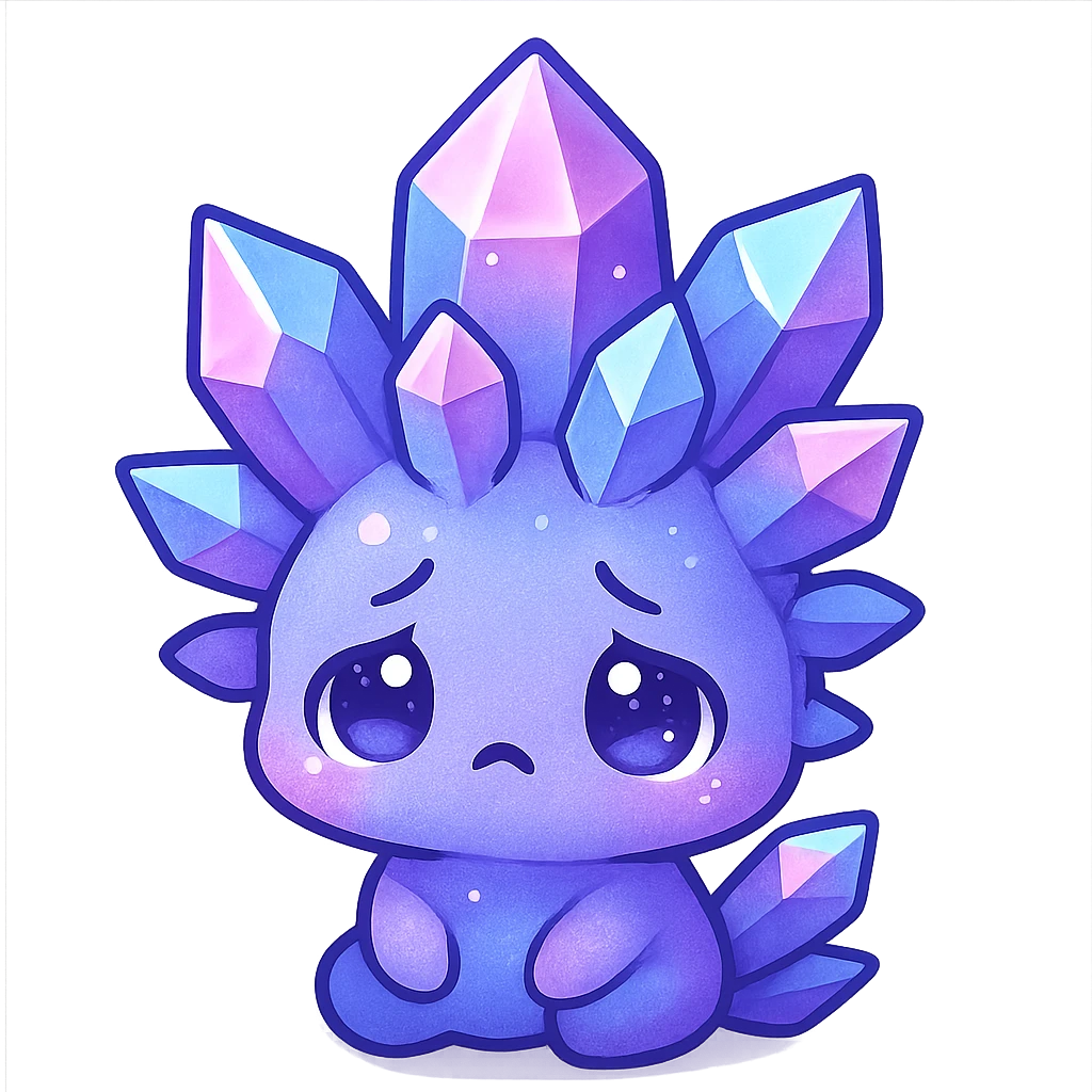 chibi kawaii crystal sprite creature, purple blue and pink colors, sad expression, cute and adorable emoji