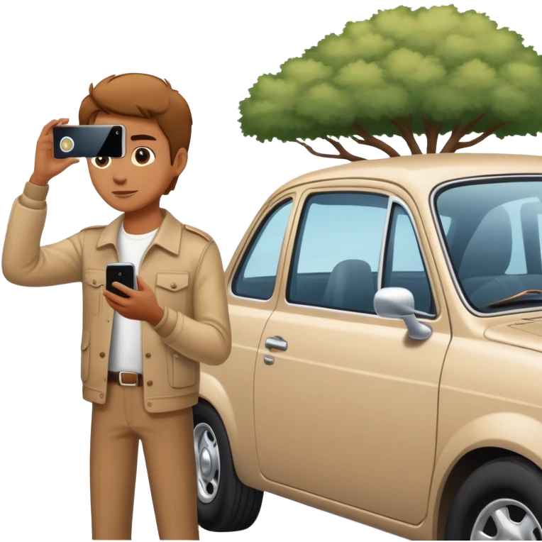 person facing a car and photographing the car with iphone emoji