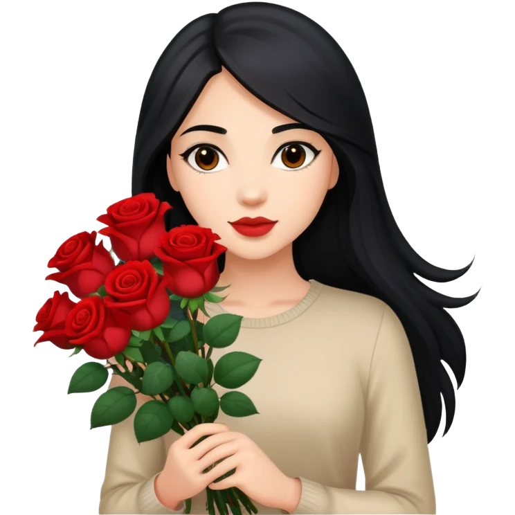 A beautiful girl with long black hair holding a bouquet of roses emoji