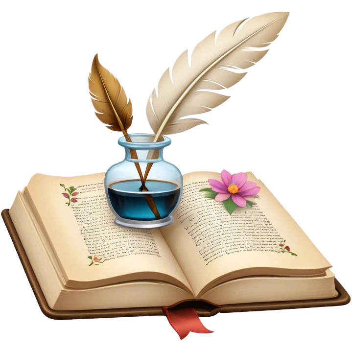 Icon for Poetry Reading: an open book with flowing verses on the pages, surrounded by a quill, ink bottle, and delicate flowers. The icon should evoke the beauty and emotion of poetry. Transparent background. emoji