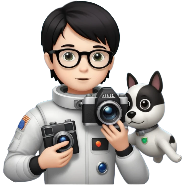 A little boy with straight black medium-length hair, white skin, and black eyes wearing black-framed glasses is taking photos in space with a camera. Beside him, there is a UFO, an alien, and a teddy dog. emoji