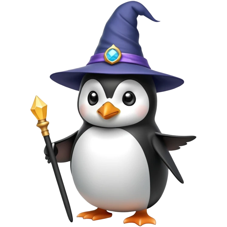 Penguin wearing a wizard hat and holding a magic wand emoji