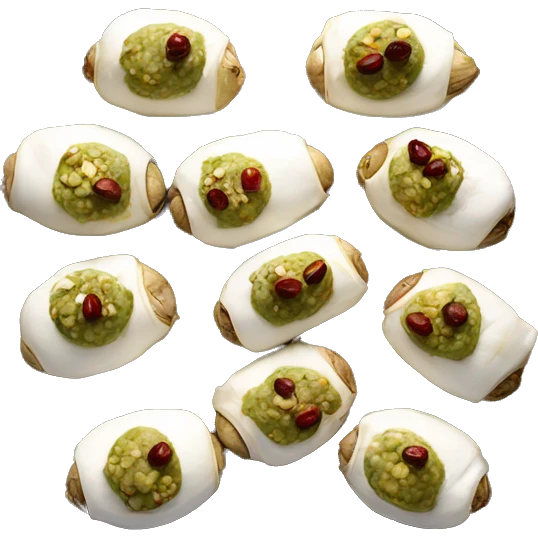 Multiple dates stuffed down the center with goat cheese and pistachios on a tray emoji