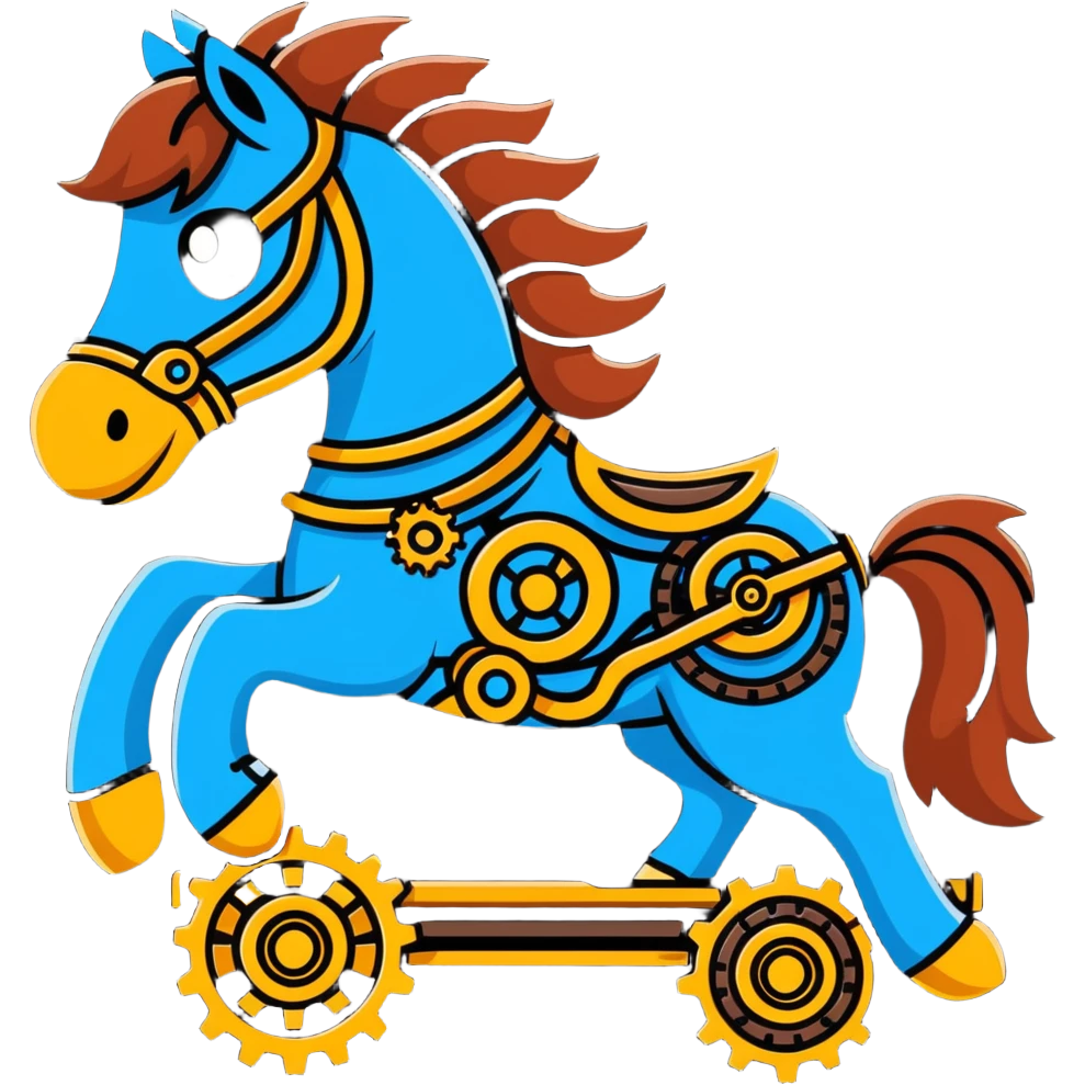 Steampunk mechanical horse with exposed gears, cogs, wires, and rope details emoji