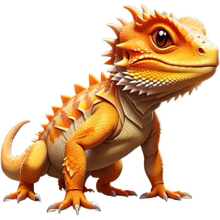 cinematic-bearded-dragon-realistic-full-body-standing on all fours-emoji,-rough-scaled-body-balanced-on-strong-legs,-spiky-throat-slightly-flared,-head-tilted-dramatically,-warm-orange-and-brown-patterns-glowing-under-the-sun,-simplified-yet-realistic-focused-features,-highly-detailed,-glowing-with-an-almost-sarcastic-glow emoji