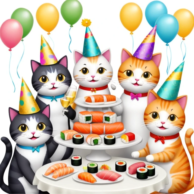 Cats celebrating with sushi at a birthday party emoji