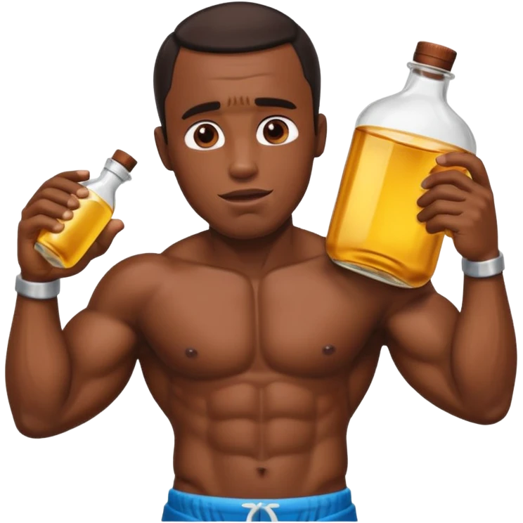A big bottle of Diddy oil with Diddy in the background shirtless emoji
