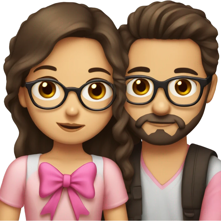 girl with dark brown hair and a pink bow kissing a boy with a beard and glasses and a bow emoji