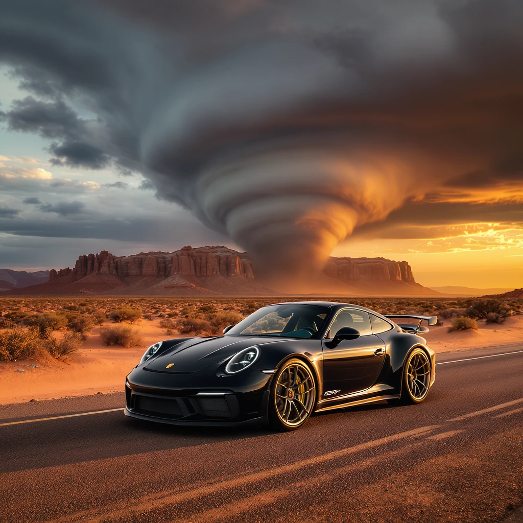 Cinematic still of a A modern desert mountain, wallpaper, modern, porsche 911, sunset, arizona desert, tornado in background emoji