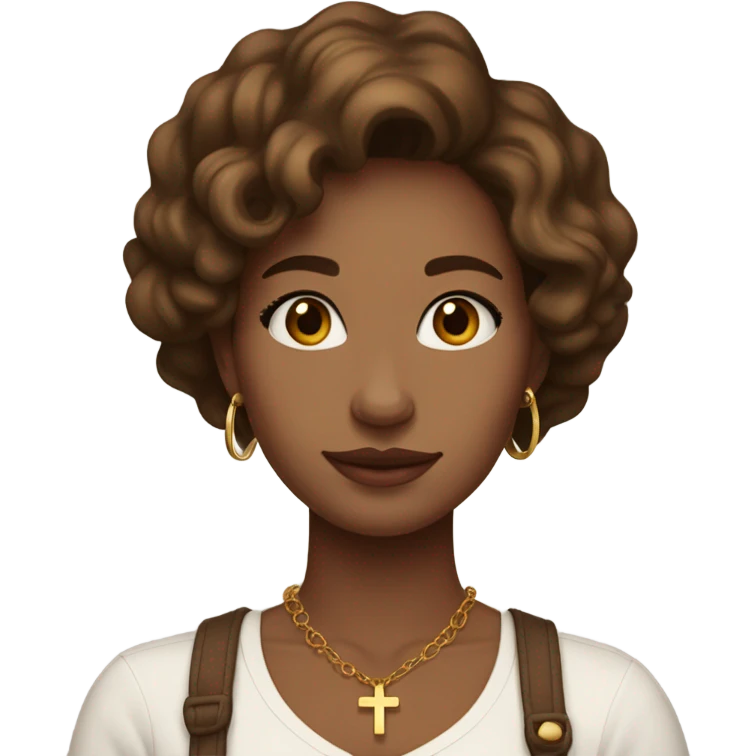 a slightly tan woman with brown slightly wavy hair, beautiful, wearing small gold hoop earrings and a small gold cross necklace, wearing a cute white square neck shirt emoji