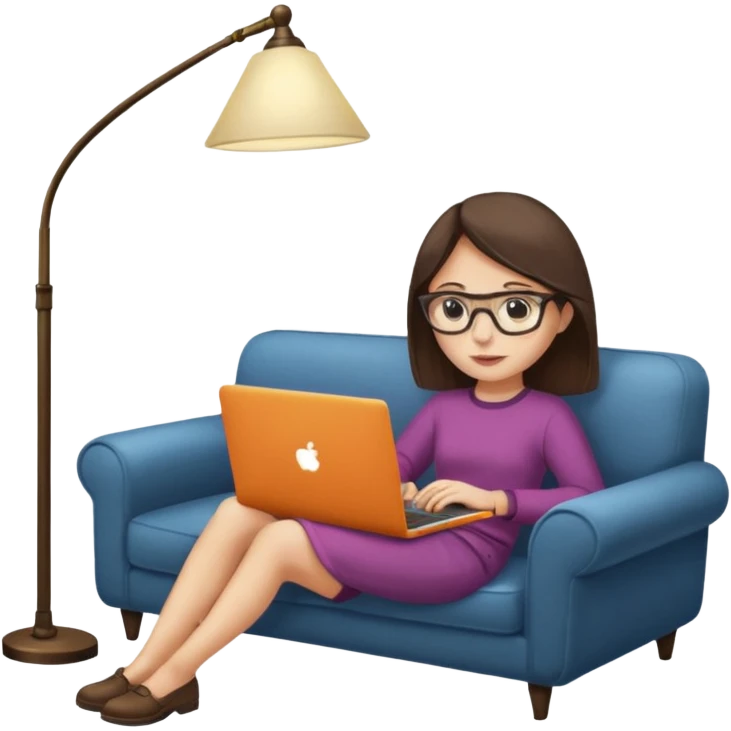 A girl is working with a laptop while lying on a sofa, with a floor lamp to the right. emoji