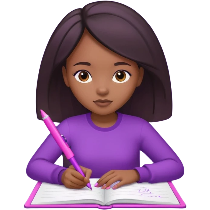 Une fille noir au cheveux lisse qui est entrain d’écrire avec un stylo rose sur un cahier violet emoji