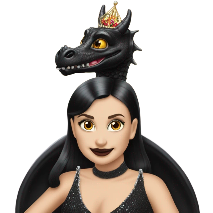 Lavish Victorian evening gown, young Morticia Addams Jedi wearing a mini tiara, riding on the back of a very large black shiny evil-looking fire-spewing horned dragon emoji