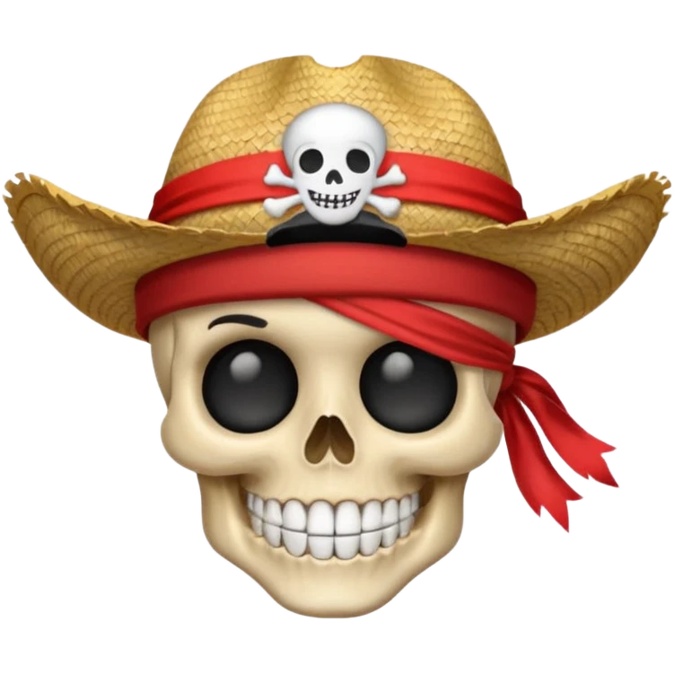 Cute emoji version of Straw Hat pirate skull, round skull, big smile, straw hat with red band, simple flat design, bold outline, transparent background, 1:1 emoji