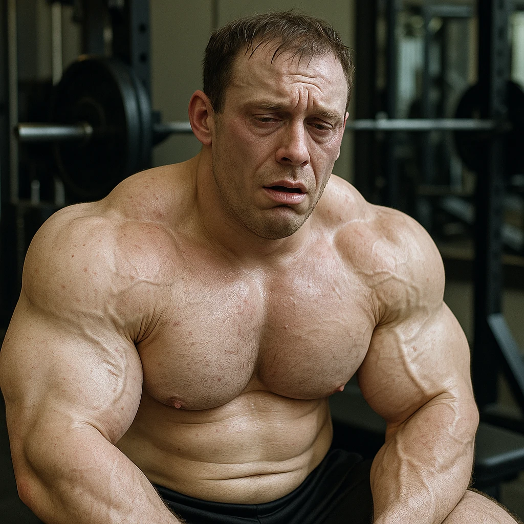  bodybuilder che fa dosaggi a caso di steroidi, e quindi sta male, iper realistica emoji