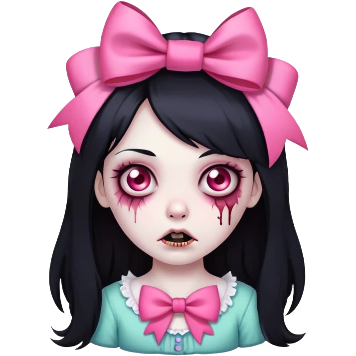 A zombie girl with long black hair, with a pink bow in her hair emoji