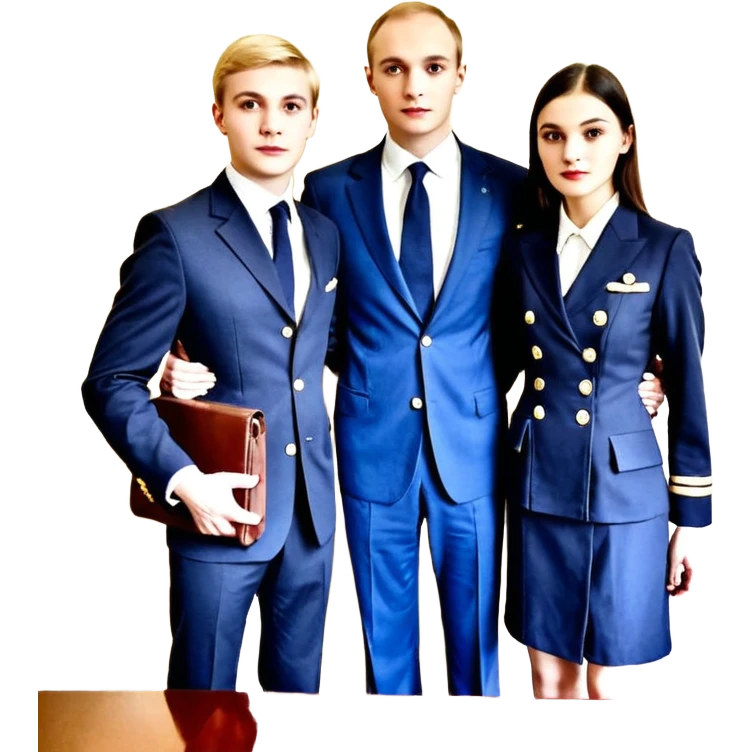 Команда в костюмах из трёх человек. на переднем палне Мужчина впереди общается по смартфону, дальше женщина слева стоит с ноубуком, мужчина справа держит бумаги. У всех людей разные, но позитивные эмоции. Все троя в солнцезащитных очках emoji