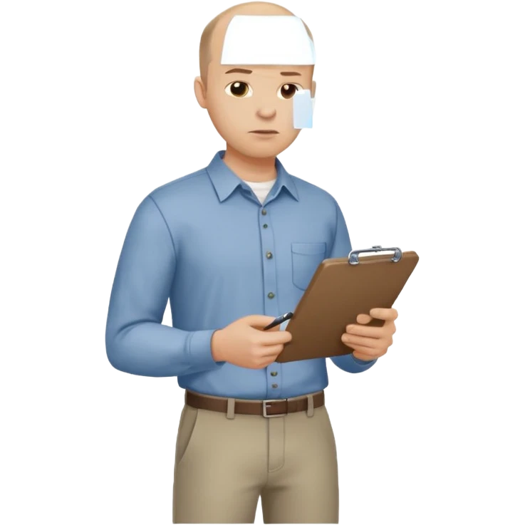 man mid 30's tired shirt and trousers balding hairline standing holding a clipboard emoji