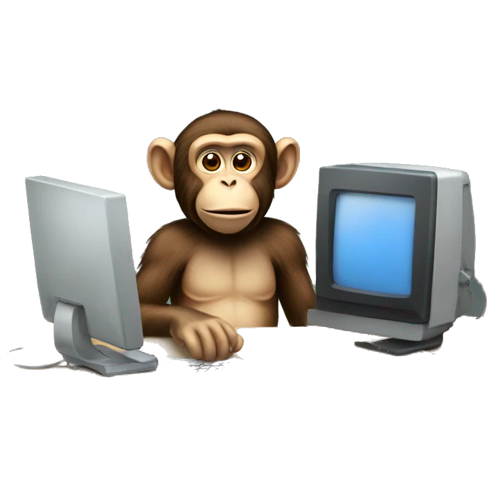 A monkey at a computer. There's a lot of money next to it. emoji