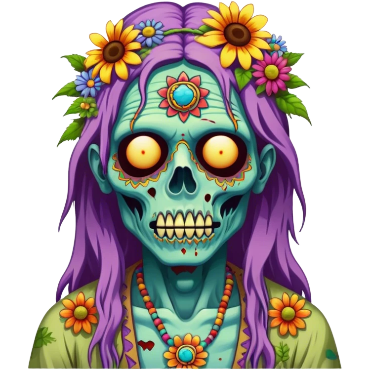 Cinematic ultra detailed 32k HD Psychedelic colored hippie style zombie with flowers emoji