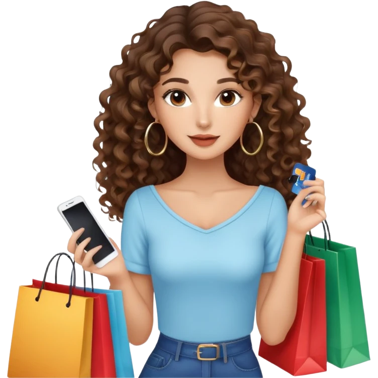 cute girl LONG LONG hair brunette balayage curly/wavy not voluminous hair, brown eyes, hoop earrings, natural pretty clean makeup: holding a credit card and lots of shopping bags emoji