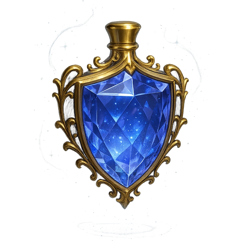 premium class crystal elixir bottle in shield shape, color #7986cb, lots of shining, edges, ornaments, golden details, magical effects, very small golden neck, transparent background, beautiful seamless base, bottle clearly floating in air, no base or shadow, very luxurious, modern, matching the collection emoji