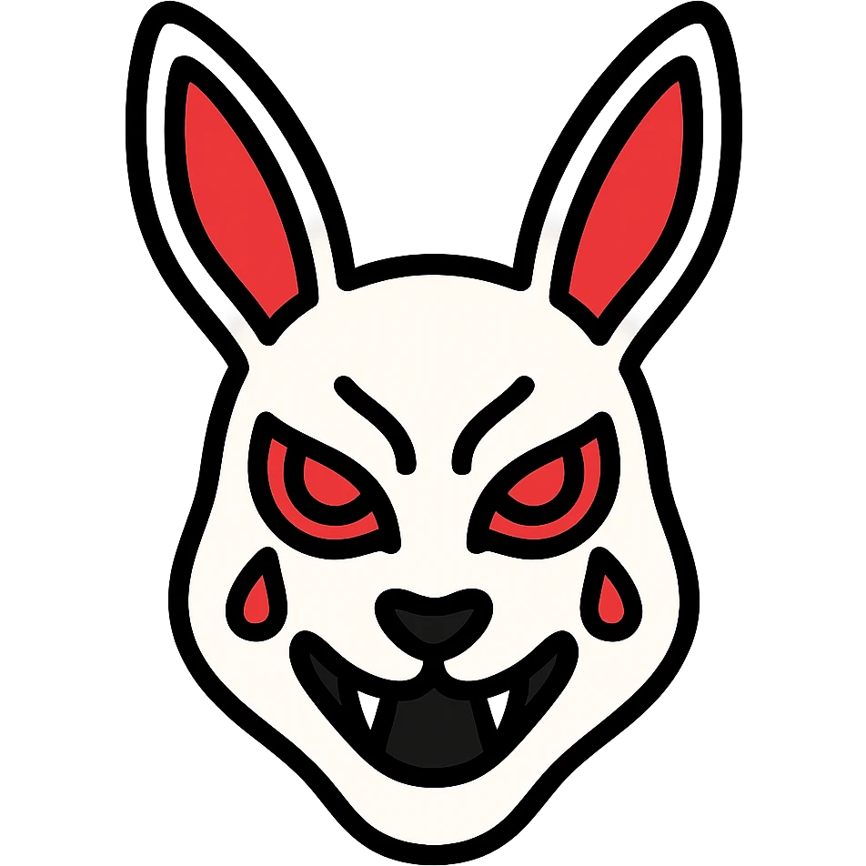 intricate white rabbit mask with red accents, evil expression emoji