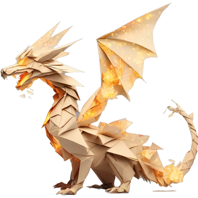 Beige Origami dragon made of newspapers on fire surrounded by fairy lights swirls covered in dried flowers bokeh library bunting floral flowers fire flames emoji