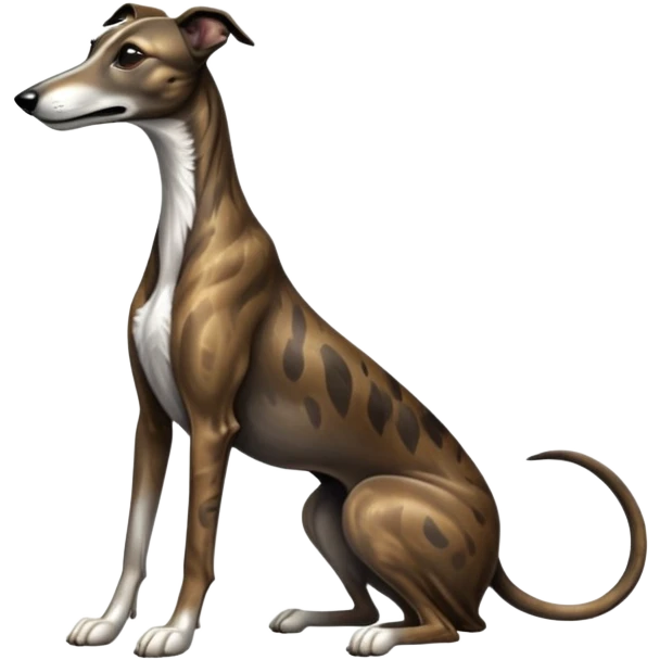 cinematic-[brindle greyhound]-realistic-full-body-sitting-emoji,-tail-resting-loosely-beside-its-paws,-head-tilted-dramatically, -sleek-[dark brindle]-fur,-simplified-yet-realistic-focused-features,-highly-detailed,-glowing-with-an-almost-sarcastic-glow emoji