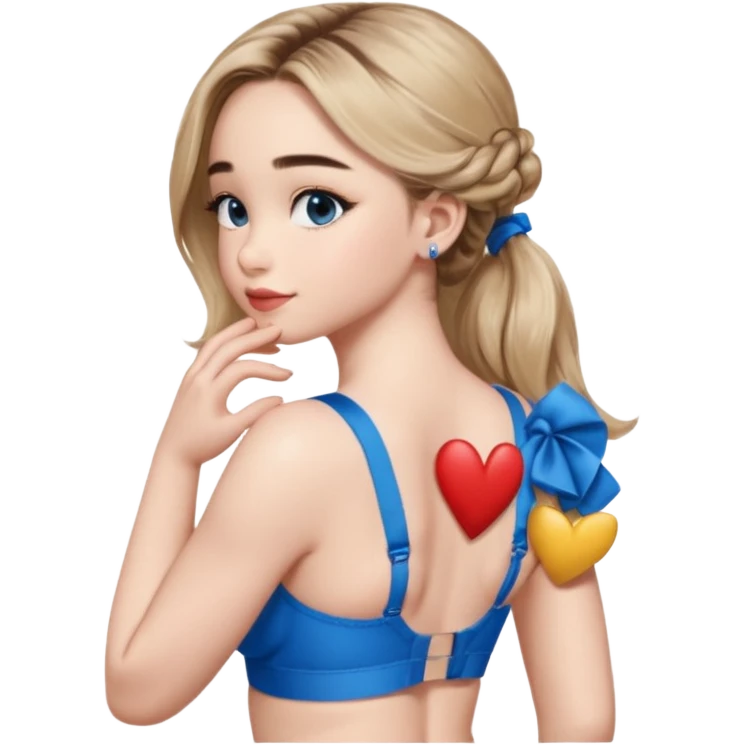 Sabrina carpenter side view with her hands folded and a kiss mark on her back, wearing a blue bra emoji