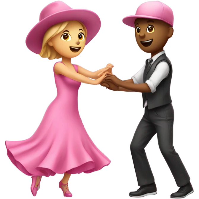 A girl dancing in a pink dress with a guy dancing in a pink hat emoji