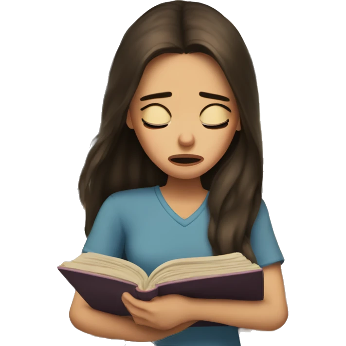 brunette long hair woman crying tears down face while holding and reading book emoji