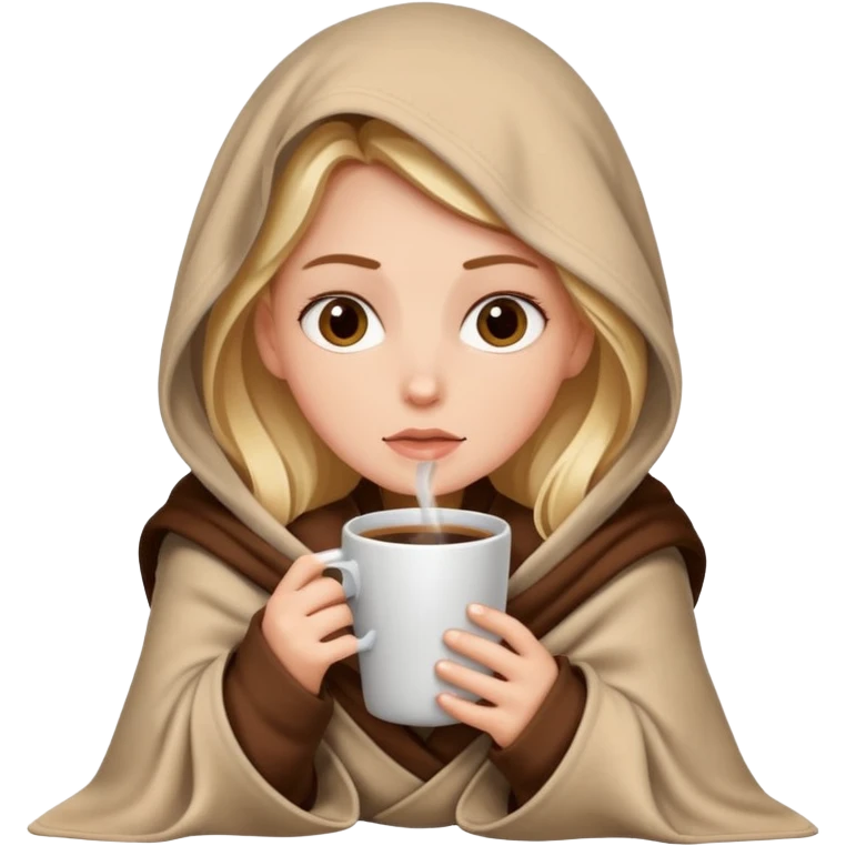 White Girl inside a blanket sipping coffee eyes opened emoji