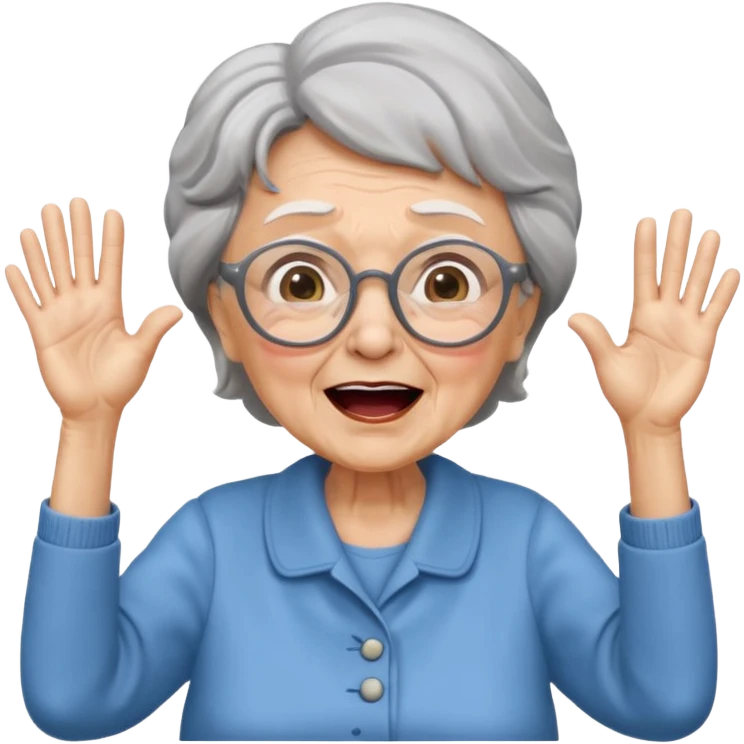An old lady with big glasses, waving her arms while yelling encouragement. emoji