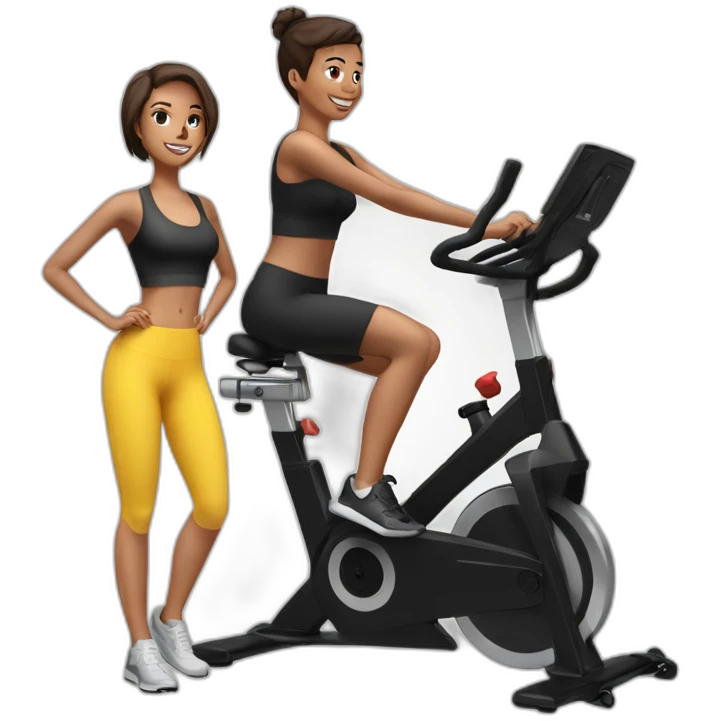 realistic exercise bike and one girl with short hair in black sportswear emoji