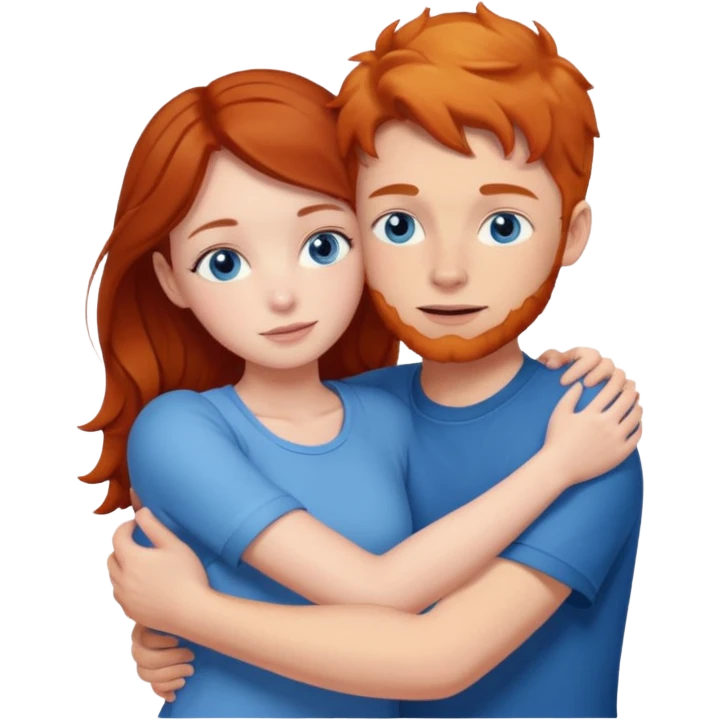 Ginger boy hugging brunette girl. Both have blue eyes.  emoji