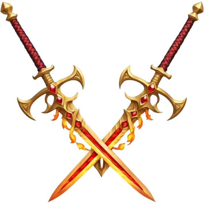 Two powerful on fire fully golden fiery royal crossed swords with red gems emoji