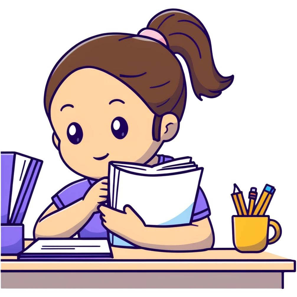 Girl with ponytail reading a notebook while sitting at desk emoji