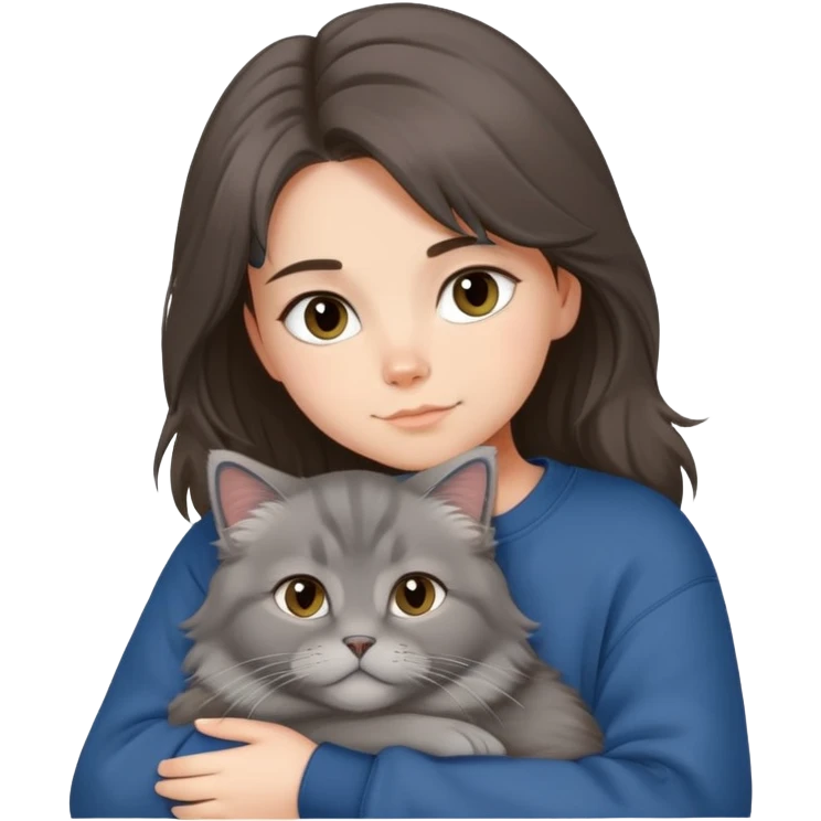 Brunette girl with dark blue sweatshirt snuggling a fluffy grey Siberian cat emoji