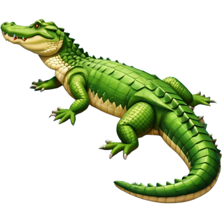 A large crocodile resting on a riverbank, part of its body in water, realistic scales and reflections, natural sunlight. emoji
