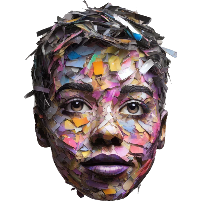 Colourful dark neon graffiti scribble scrapbook patchwork Person face portrait made entirely of multicoloured torn up magazines  emoji