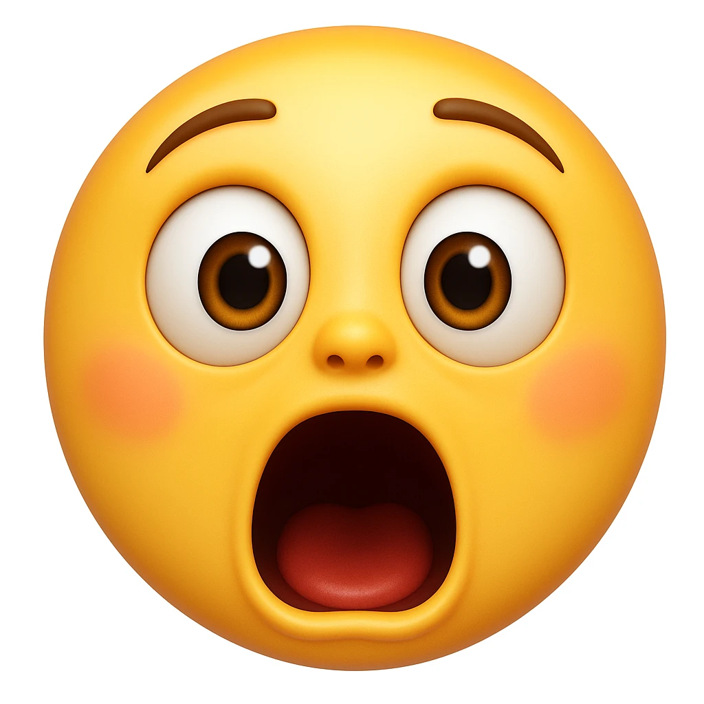 Make the surprised face emoji much more dramatic, with wide open mouth, raised eyebrows, and exaggerated eyes, in the style of Apple emojis (apple emoji style). emoji